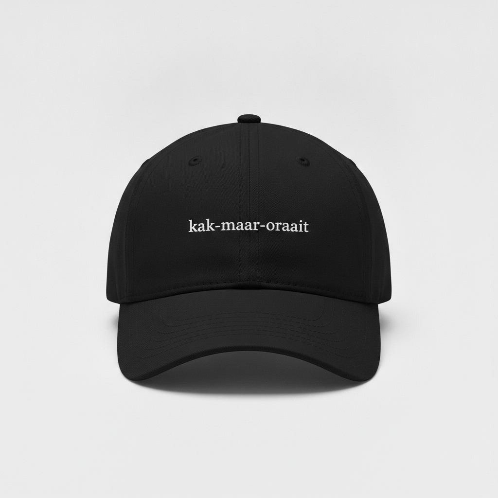 Black cap with small white kak-maar-oraait front print