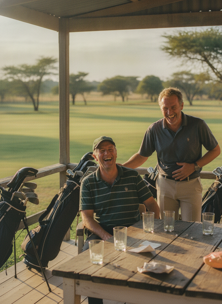 Golfers laughing at a highveld clubhouse at golden hour