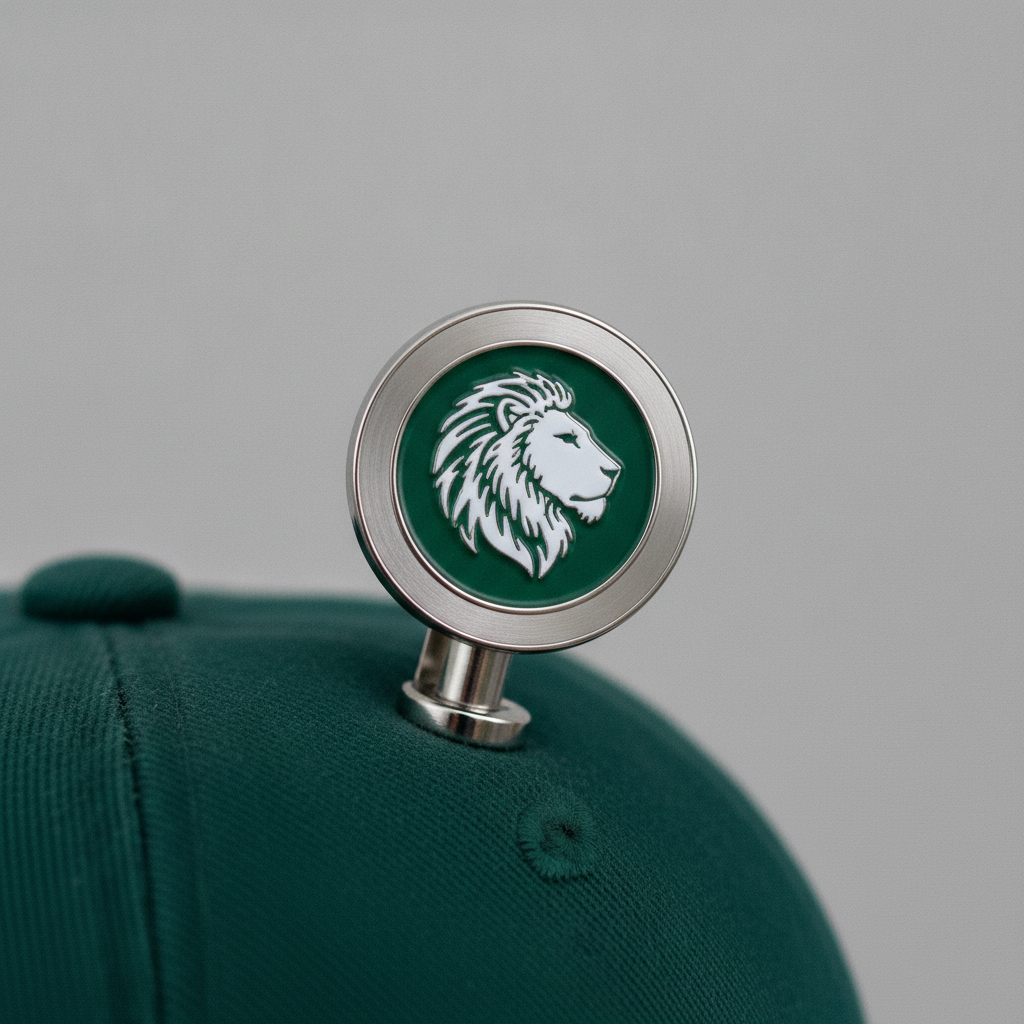 Lion ball marker clipped to a green golf cap brim