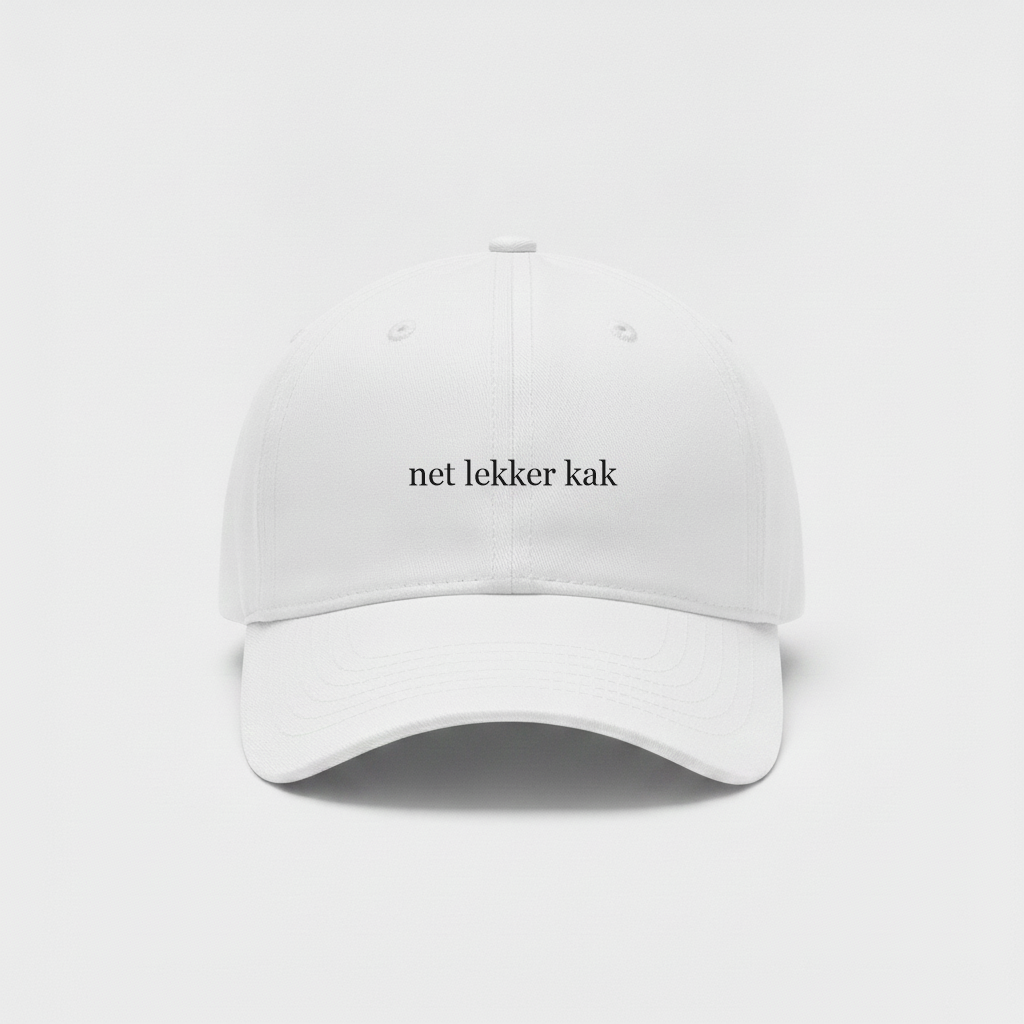 White cap with small black net lekker kak front print