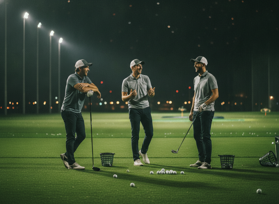 Mates at the floodlit night driving range
