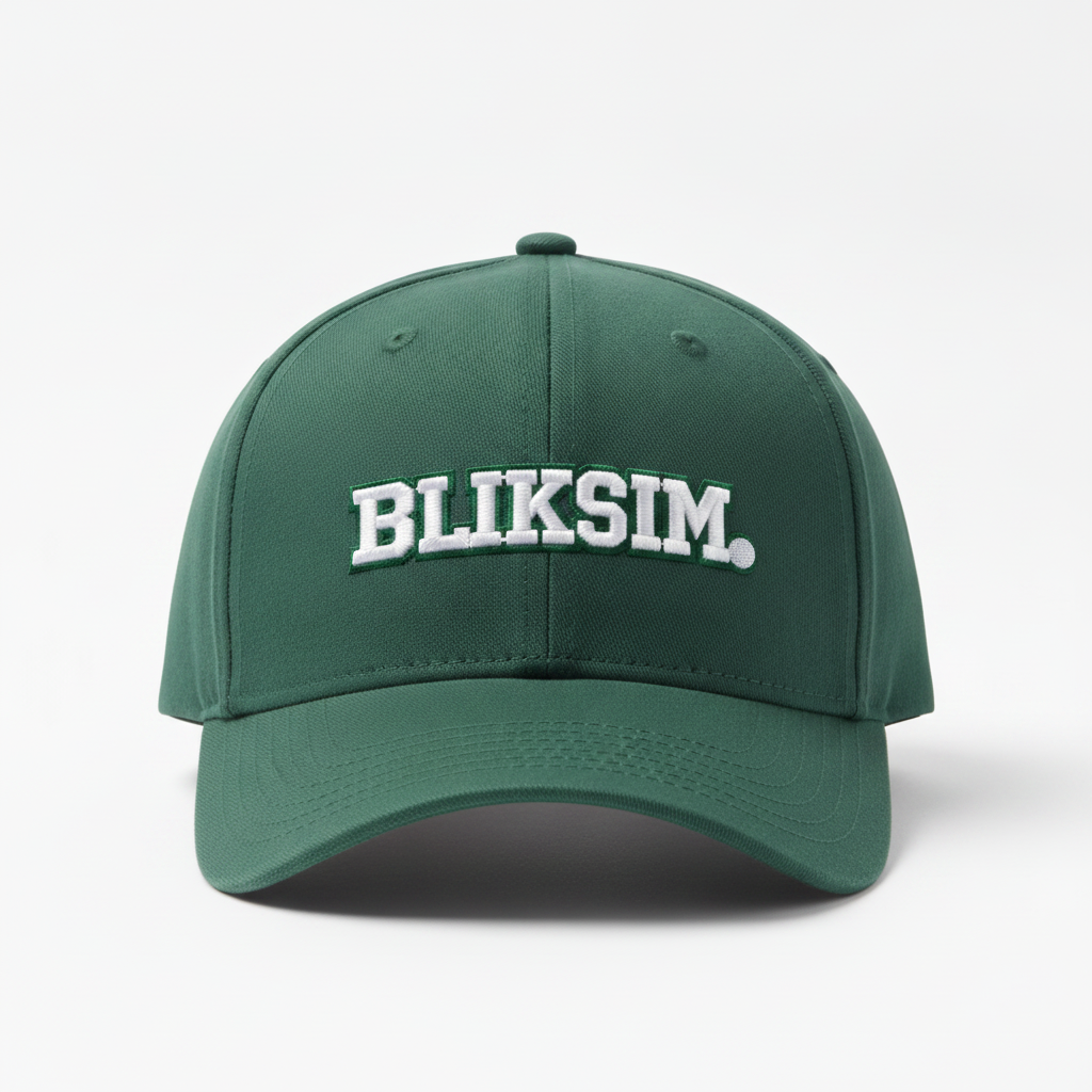 Bliksim green golf cap, front view with white embroidered BLIKSIM logo