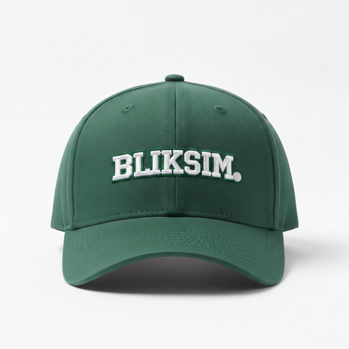 Bliksim green golf cap, front view with white embroidered BLIKSIM logo