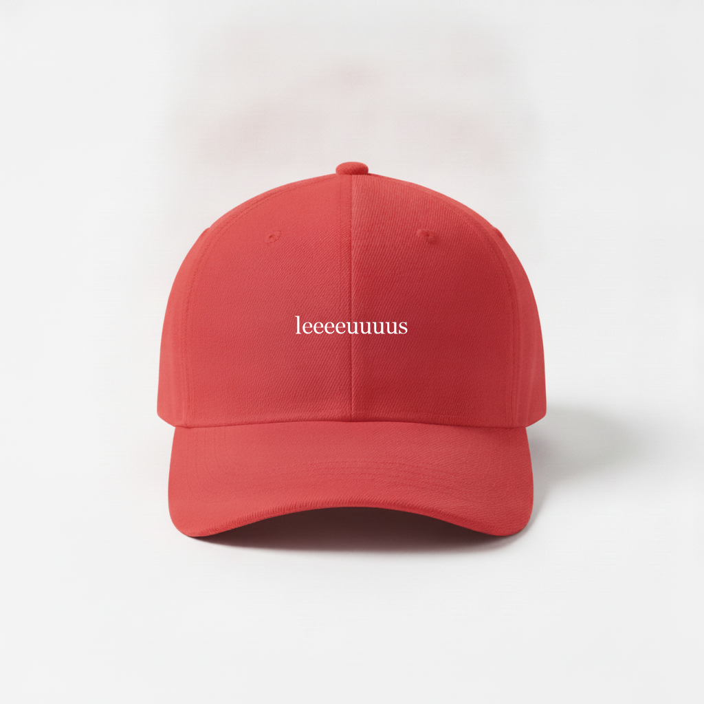 Red cap with small white leeeeuuuus front print
