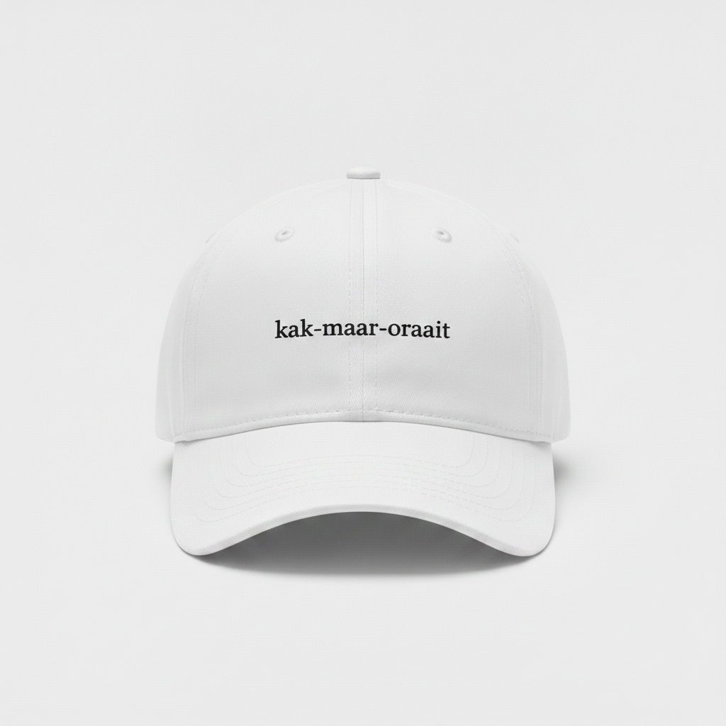 White cap with small black kak-maar-oraait front print